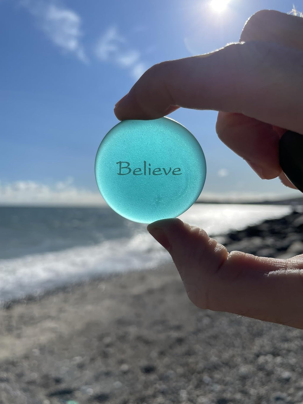 The Mermaid's Message I, Frosted Sea Glass Stones, Six Inspiring Words in Beach Colors, by Lifeforce Glass.
