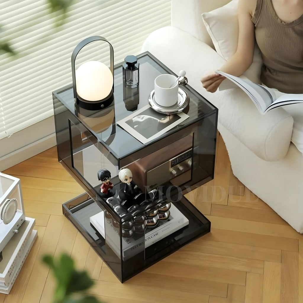 Clear Acrylic End Table, Acrylic Nightstand, 3 Tier Small Side Table, Modern Bedside Table, Coffee Table with Storage for Living Room Bedroom,Lake Blue