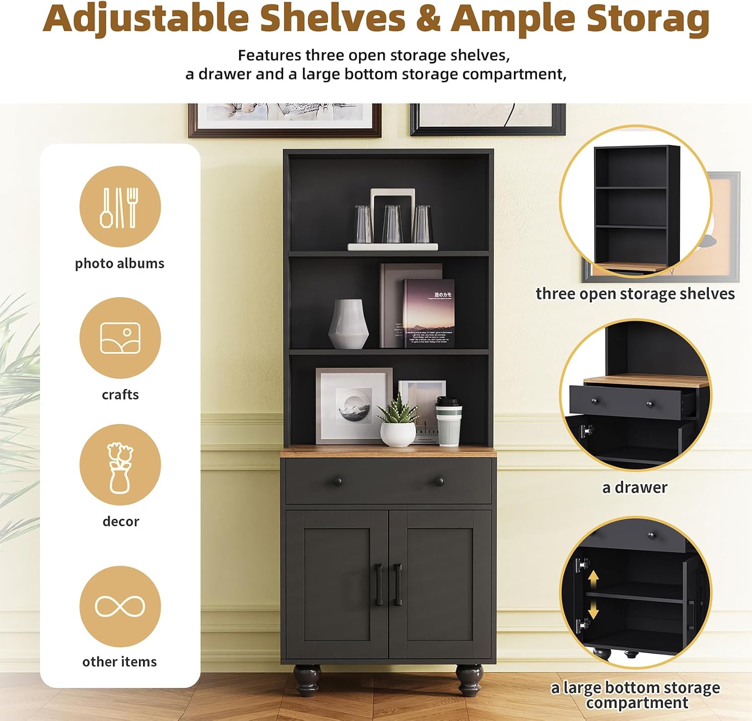 Black Kitchen Hutch Storage Cabinet, 23.6" W Small Kitchen Pantry Cabinet with Microwave Stand Freestanding Kitchens Pantry Storage Cabinet with 2 Doors, 1 Drawer and 2 Shelves, Black