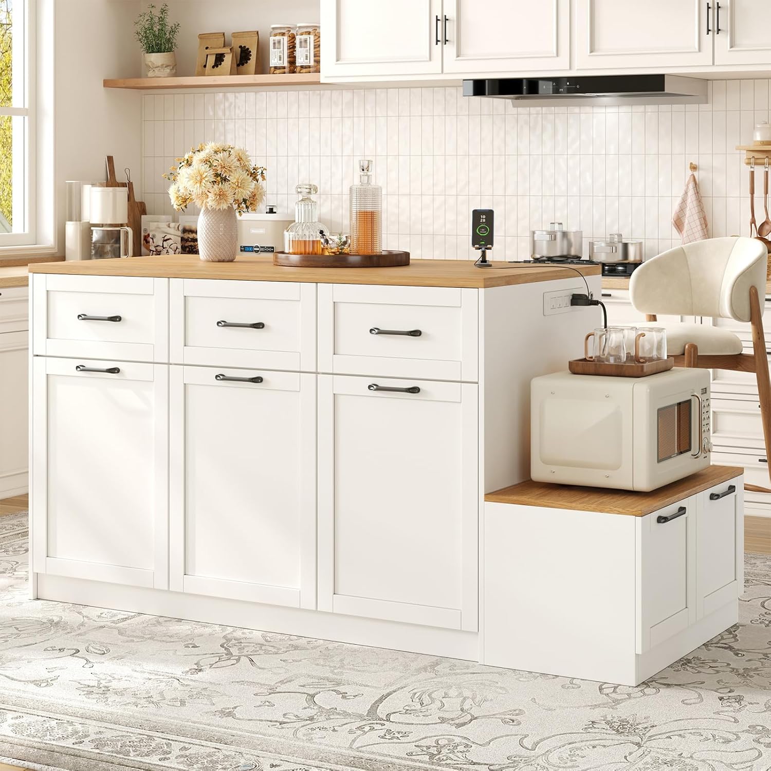 70.8" Farmhouse Kitchen Island with Charging Station, 3 Drawers & Cabinets, Large Small Combo Buffet Table with Adjustable Shelves, Butcher Block Countertop, Kitchen Dining Room, White