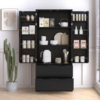 72" H Modern Kitchen Pantry Cabinet with 2 Large Drawers & 8-Door Spice Rack, Freestanding Sideboard Hutch Cabinet for Bathroom, Dining Room, Office, Entryway,Black