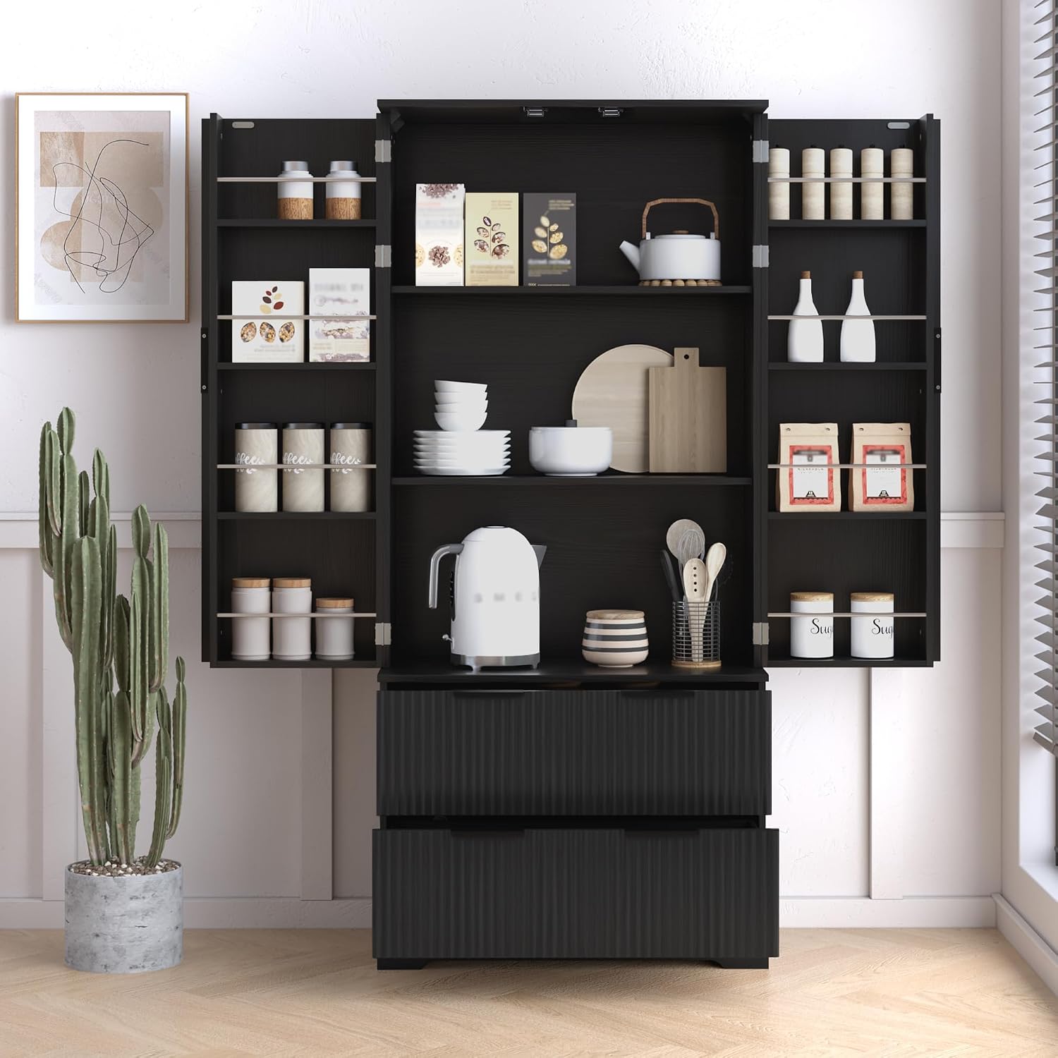 72" H Modern Kitchen Pantry Cabinet with 2 Large Drawers & 8-Door Spice Rack, Freestanding Sideboard Hutch Cabinet for Bathroom, Dining Room, Office, Entryway,Black
