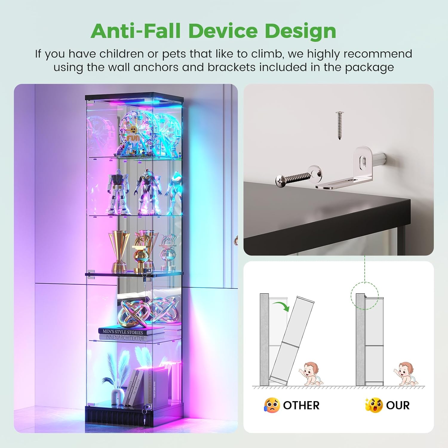 HNEBC Glass Display Cabinet, LED Display Case with RGB Lighting, Lockable Curio Cabinet with Explosion-Proof Glass Doors for Collectibles,5-Tier China Cabint with Motion Sensor Light-Black
