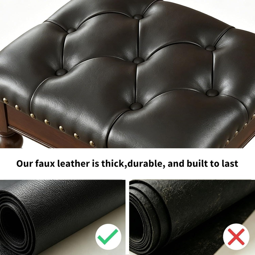 Black Faux Leather Vanity Stool | Small Tufted Bench, Nailhead Trim, Leatherette Seat, Carved Walnut-Finish Solid Wood Legs, Backless Makeup Stool