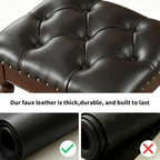 Black Faux Leather Vanity Stool | Small Tufted Bench, Nailhead Trim, Leatherette Seat, Carved Walnut-Finish Solid Wood Legs, Backless Makeup Stool