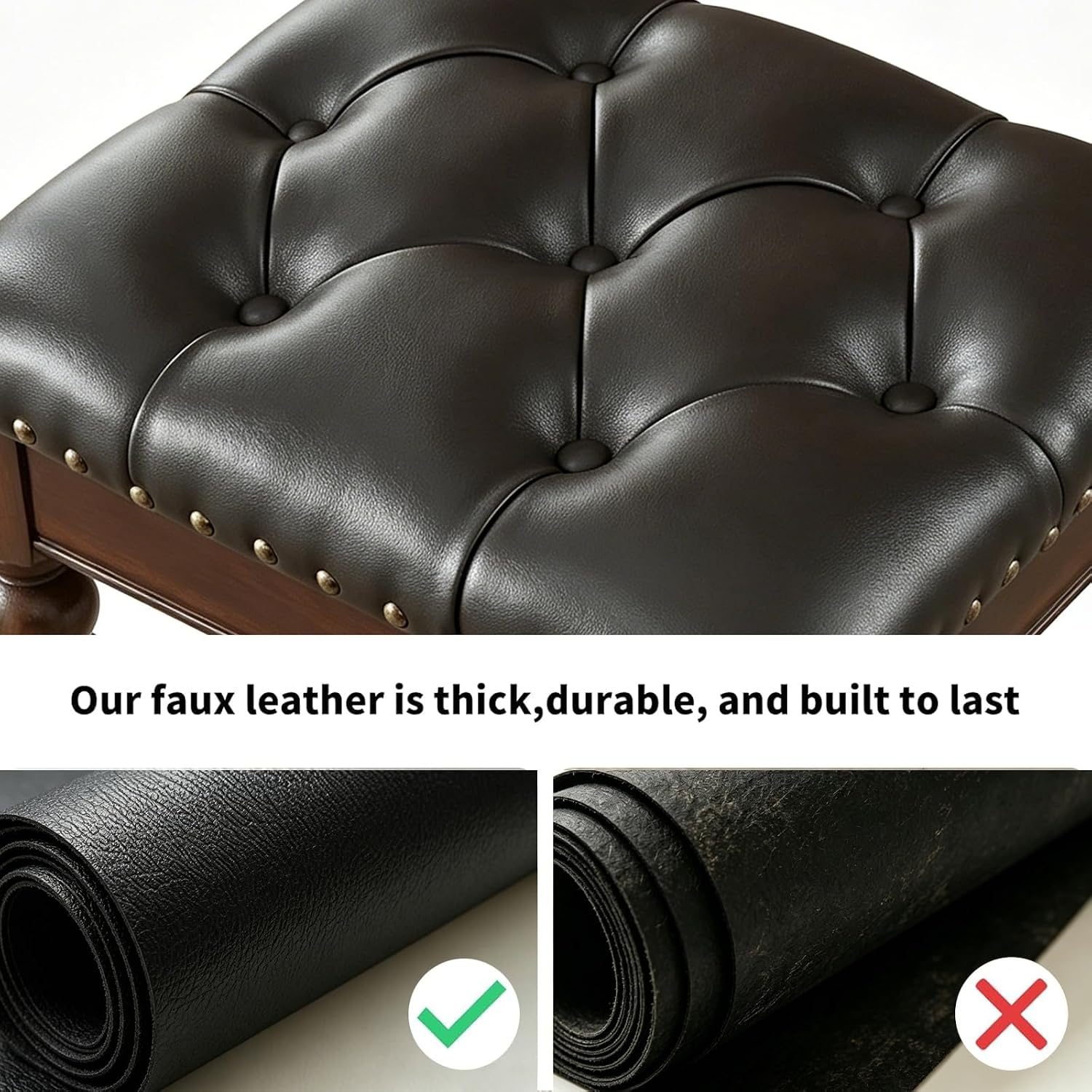 Black Faux Leather Vanity Stool | Small Tufted Bench, Nailhead Trim, Leatherette Seat, Carved Walnut-Finish Solid Wood Legs, Backless Makeup Stool