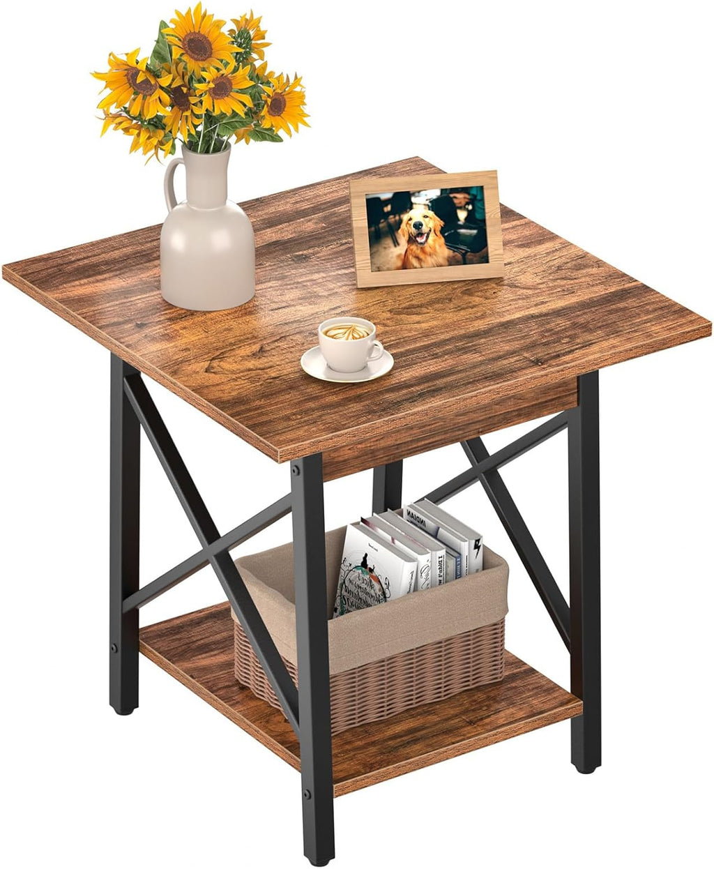 GreenForest Square End Table for Living Room, 20 Inch Large Side Table with X-Frame, Farmhouse Tall Bedside Nightstand with 2-Tier Storage Shelf, Rustic Walnut