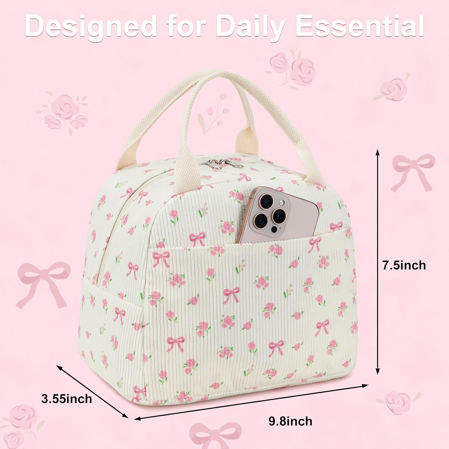BTOOP Lunch Box for Women Men Cute Corduroy Lunch Bags Large Capacity Insulated Lunch Tote Bag For Work Travel Or Picnic (Pink Bow Floral-1)