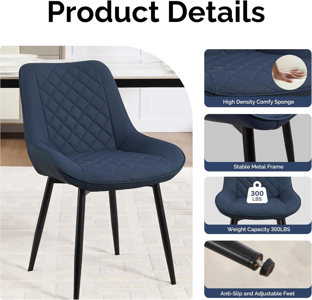Dining Chair Set of 4, Modern Dining Chairs with Thick Cushions, Faux Leather Upholstered Kitchen Dining Room Chairs with Metal Adjustable Legs for Dining Living Room, Blue