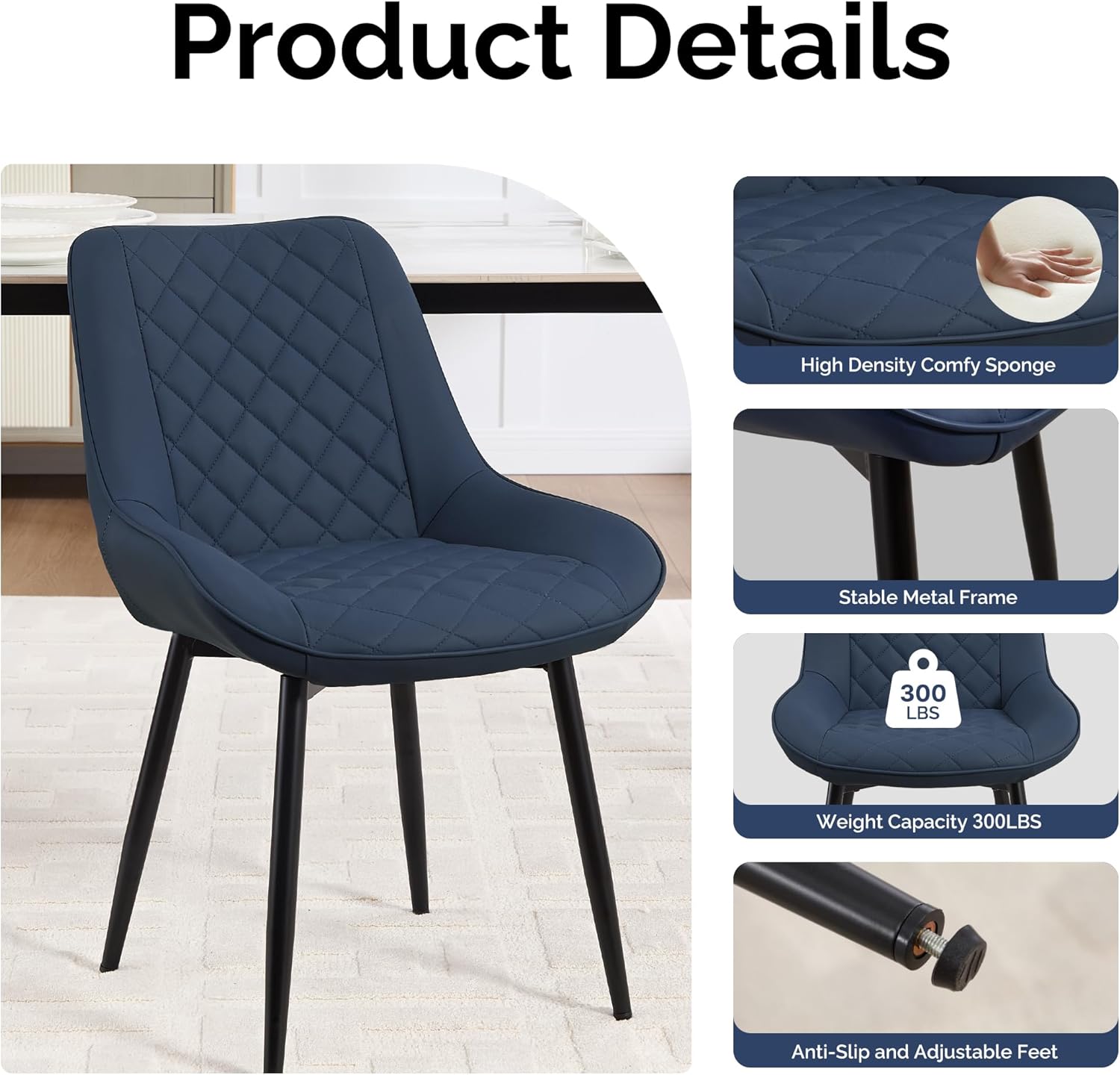 Dining Chair Set of 4, Modern Dining Chairs with Thick Cushions, Faux Leather Upholstered Kitchen Dining Room Chairs with Metal Adjustable Legs for Dining Living Room, Blue