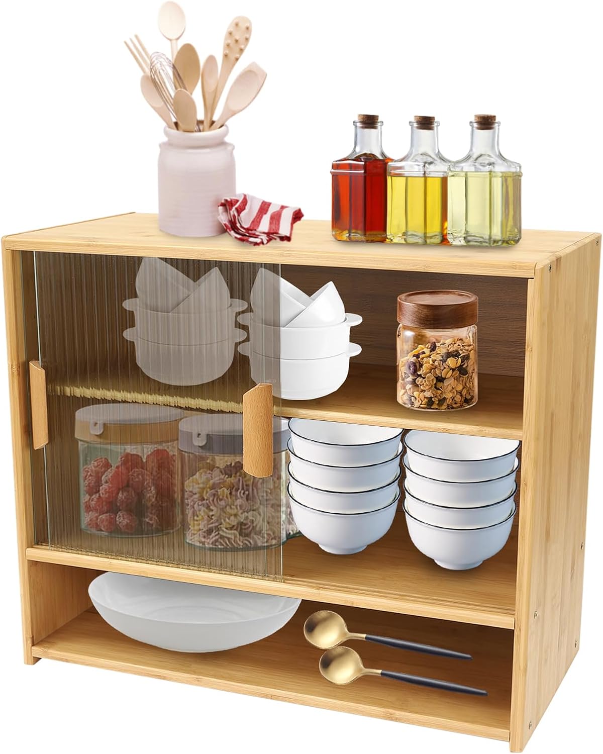 Small Bamboo Kitchen Pantry Sideboard, 3Tiers Freestanding Countertop Storage Cabinet with 2 Acrylic Doors Black Storage Shelf, Sliding Pantry Cabinet for Home Bar, Coffee Bar (Log-Colored)