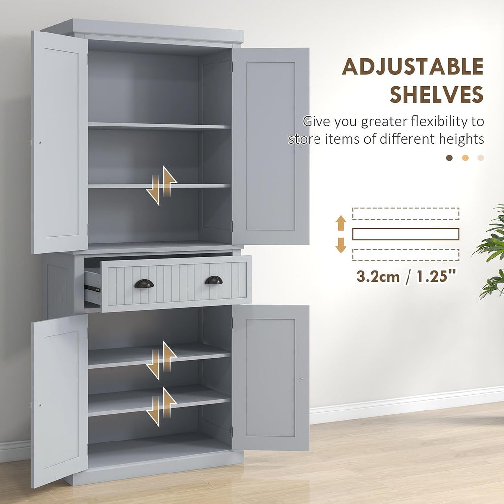 HOMCOM 72" Traditional Kitchen Pantry Cabinet, Freestanding Tall Storage Cabinet with 4 Doors, Drawer and 3 Adjustable Shelves for Dining Room, Gray