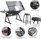 Glass Drafting Table and Stool Sets, Adjustable Height Drawing Table Art Craft Artist Desk Tilting Glass Tabletop with 2 Storage Drawers for Home Office (Black)