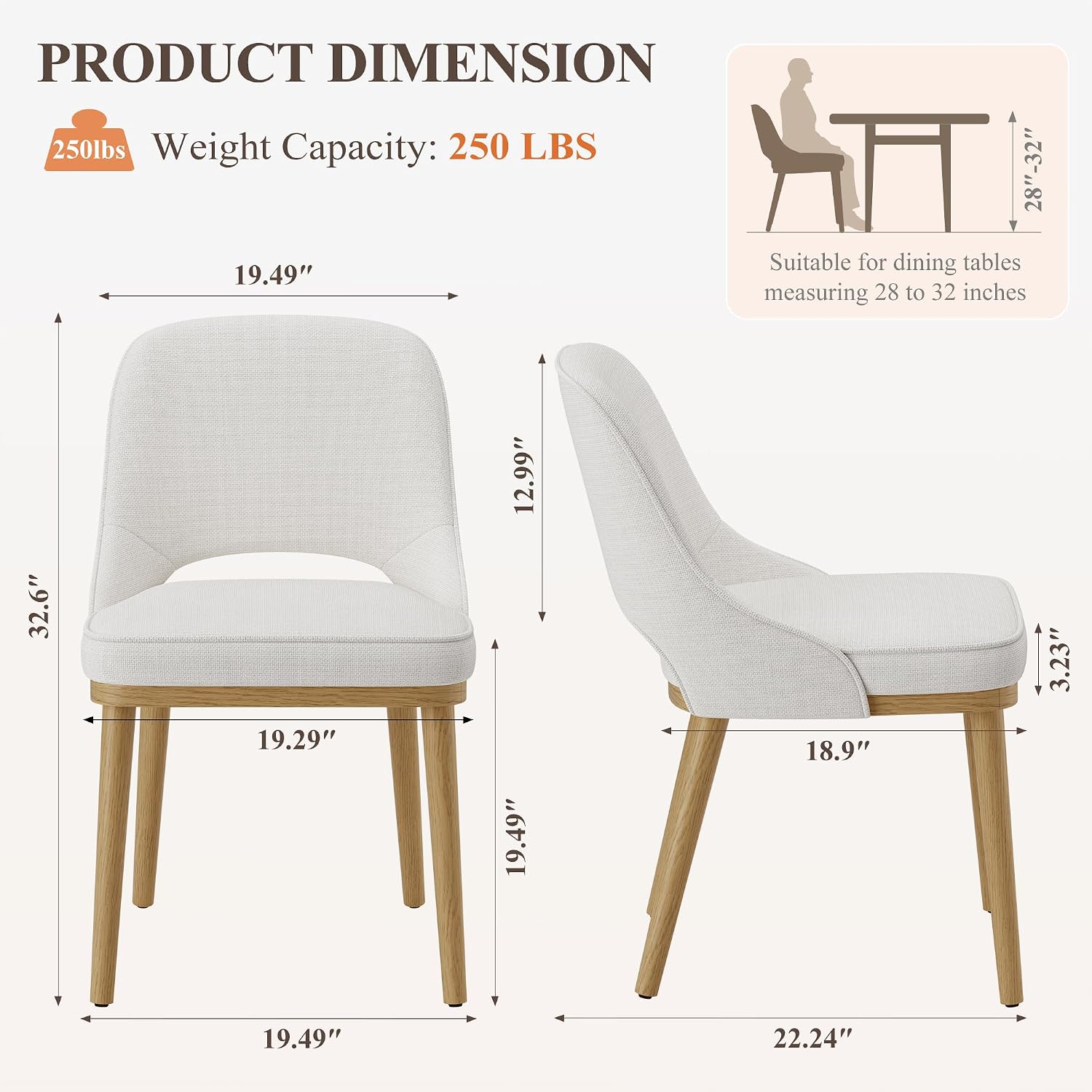 MALOL Wooden Dining Chairs Set of 2, Modern Fabric Upholstered Dining Room Chair, Kitchen Side Chairs, Farmhouse Armless Dinner Chair with Open Back for Kitchen, Beige