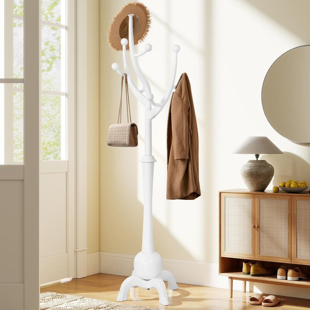 Wooden Coat Rack Freestanding Coat Tree with 8 Hooks, White | Stable Sphere Base, Heavy Duty Standing Coat Hanger for Entryway, Hallway, Bedroom, Coats, Hats, Bags