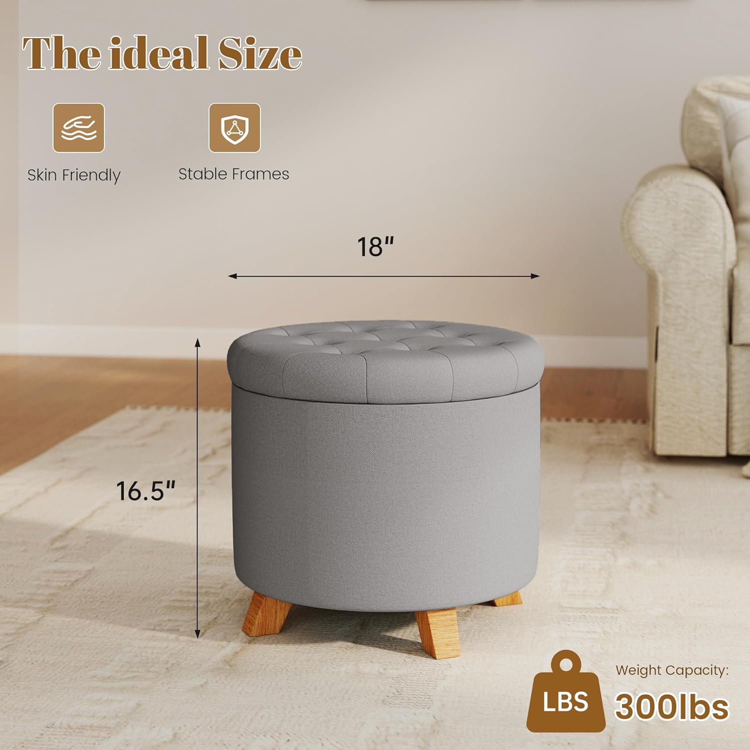18" Round Storage Ottoman,Tufted Upholstered Foot Stool with Reversible Tray Lid for Living Room Bedroom Office, Gray