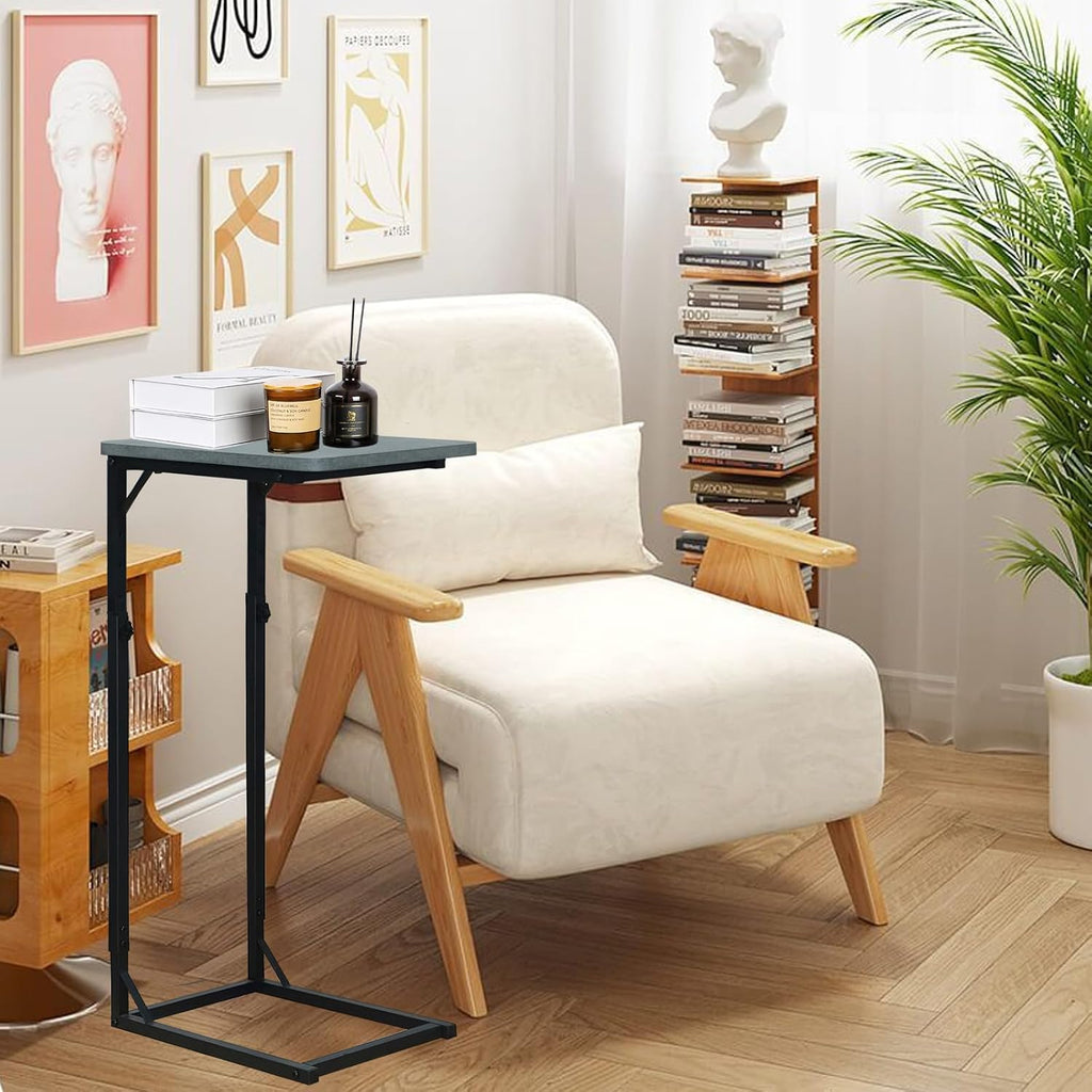 C-Shaped End Table for Couch, Adjustable Sofa Side Table with Sturdy Metal Frame, Small Space Rustic Gray TV Tray Table for Living Room, Bedroom, Bedside, Modern Functional Accent Furniture