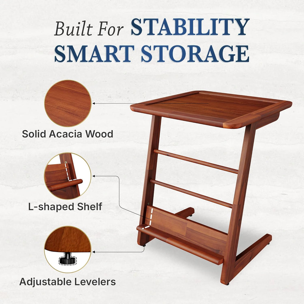 C-Shaped End Table for Couch, Acacia Wood Sofa Side Table & Nightstand with Mid-Century Modern Z Frame, L-Shaped Storage Shelf, Tool-Free Assembly for Bedroom, Living Room or Office - Dark Chocolate