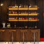 Large Wine Rack with LED Light Solid Wood Wall Mounted Wine Rack, 3-Tiers Liquor Bottles Floating Shelves Display Storage Organizer for Home Bar & Dining Room (80cm/31.4in)