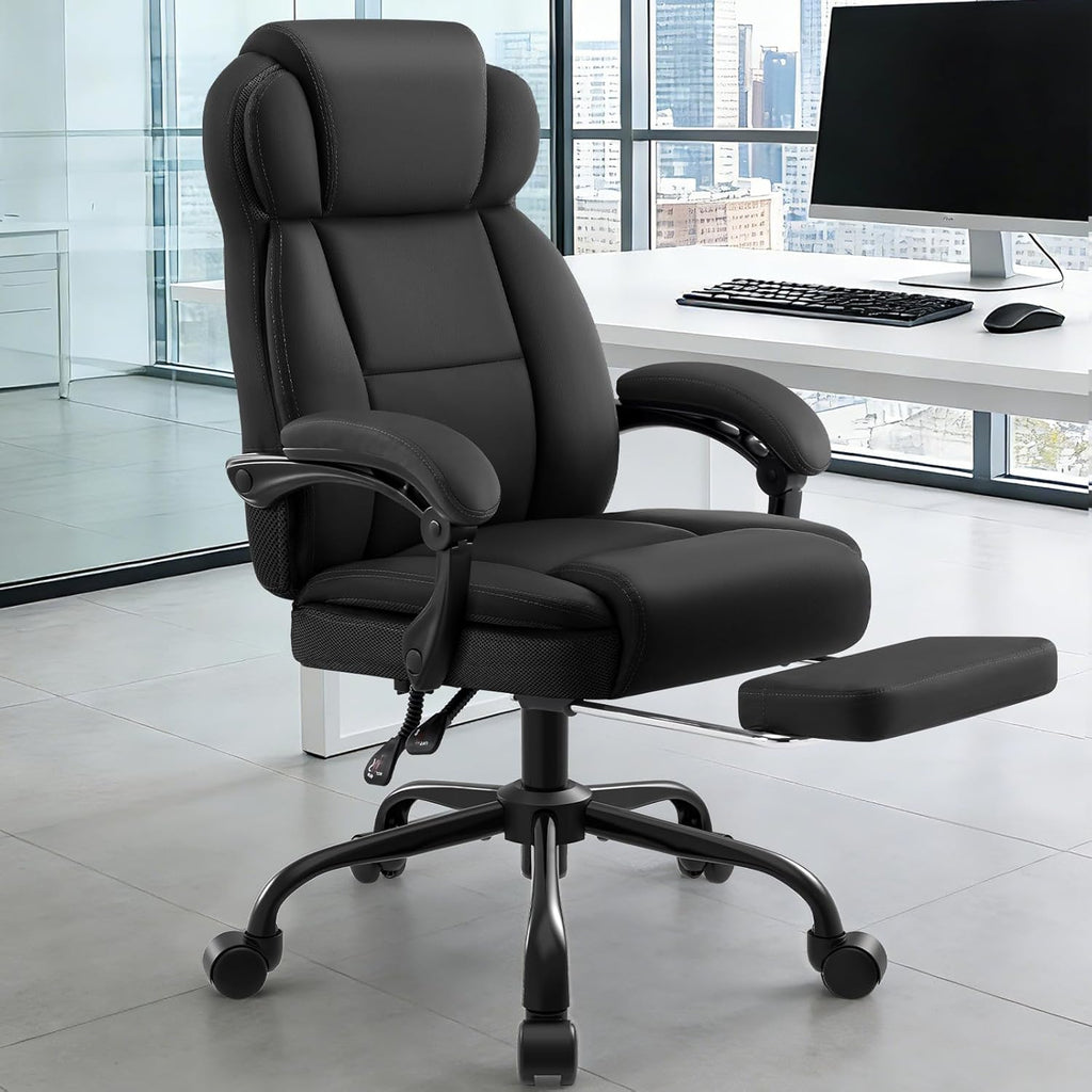 AreShark Ergonomic Office Chair with Footrest,PU Leather Executive Desk Chair Padded Linkage Armrests,Lumbar Support,Swivel Computer Chair for Home Office & Gaming,Black