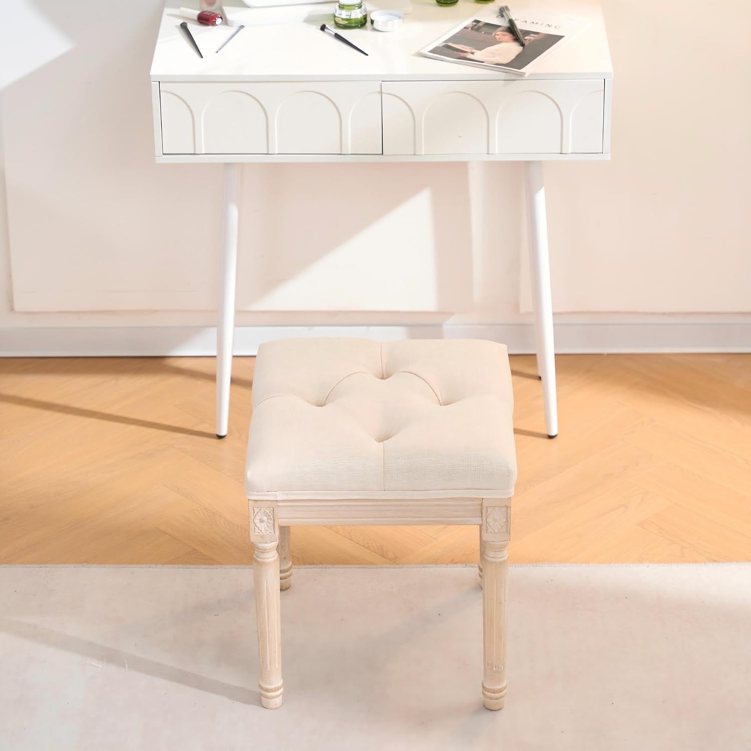 French Style Vanity Stool, Linen Fabric Upholstered Tufted Bathroom Makeup Stool with Brushed Wood Legs, 350lbs Weight Capacity, Foam & Solid Wood Frame, 15.8"x15.8"x17.7" (Beige)