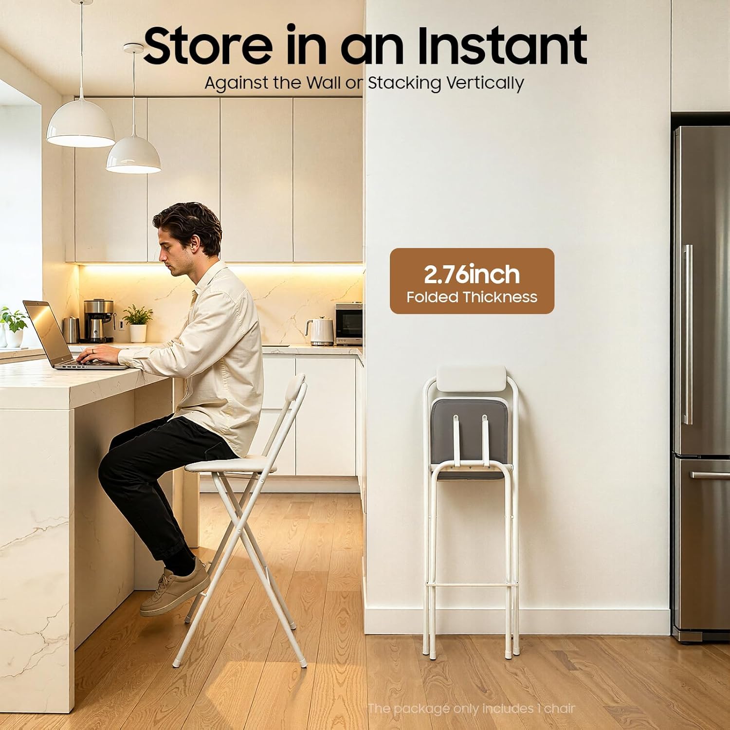 Folding Bar Stool with Backrest,Cushioned Padded Folding Stool,Fashion Bar Stools Set,Folding Counter Height Chairs for Kitchens, Cafes, Milk Tea Dessert Shops (1, White 29.53inch Seat Height)
