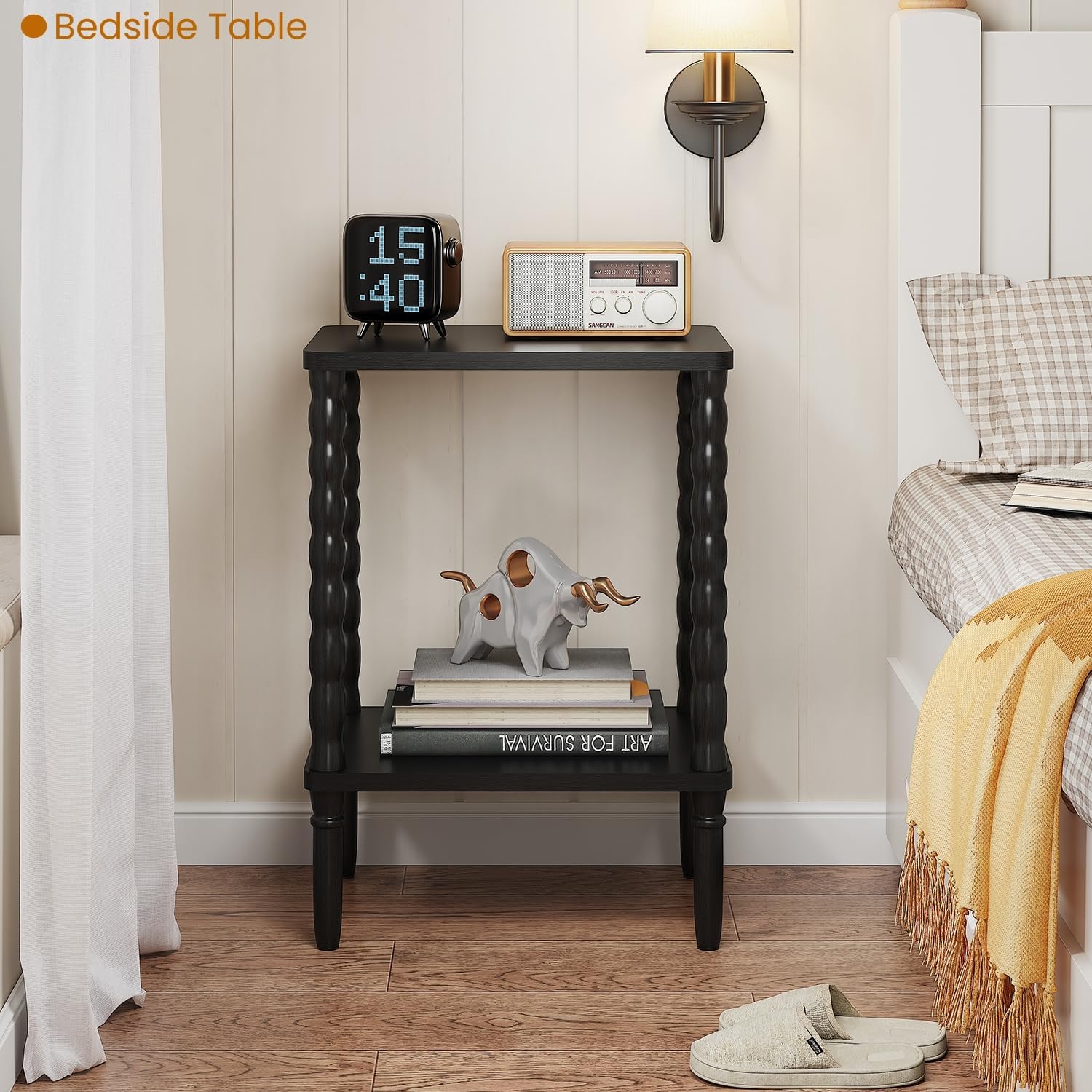 Small Narrow Side Table, Vintage End Table - Skinny Bedside Nightstand for Small Spaces, Couch/Recliner Accent Table for Bedroom Living Room Nursery, No-Tool Assembly (Black)