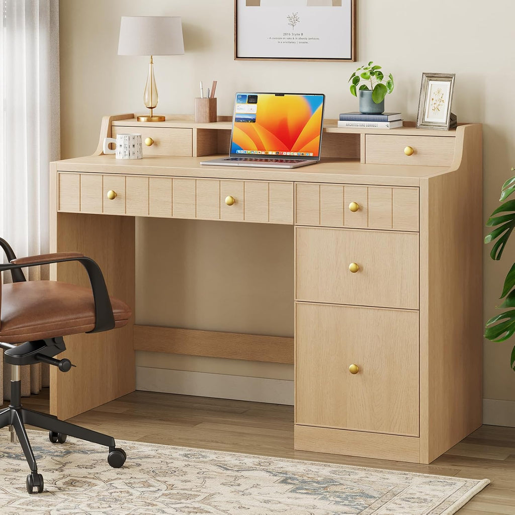 Office Desk with Drawers, 47" Wide Small Desk with File Drawer, Study Table Wood Writing Desk with Long Monitor Stand for Bedroom,Home Office