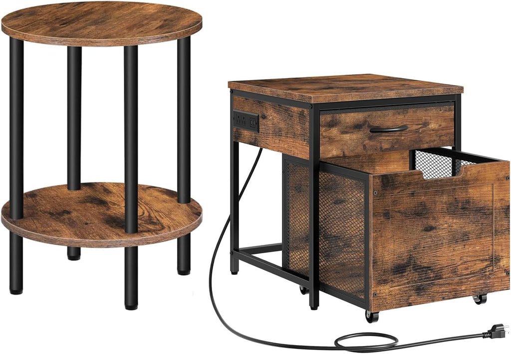CHOEZON Round Side Table, 2-Tier End Table, Small Round Nightstand, Mini Fridge Stand with Power Outlet, Large Side Table with Fabric Drawer for Dorm, Kitchen, Living Room TBZ01BF-TBZ56UBF