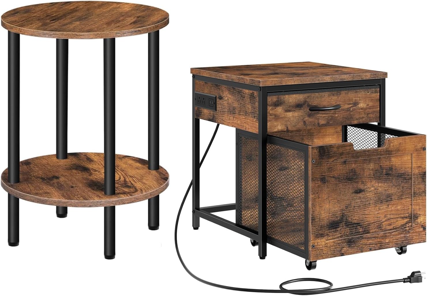 CHOEZON Round Side Table, 2-Tier End Table, Small Round Nightstand, Mini Fridge Stand with Power Outlet, Large Side Table with Fabric Drawer for Dorm, Kitchen, Living Room TBZ01BF-TBZ56UBF