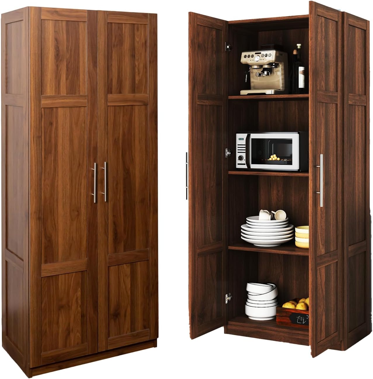71'' H Kitchen Pantry Cabinet, Farmhouse Kitchen Storage Cabinet with Doors and Shelves, Wood Buffet Sideboard with Drawers, Freestanding Buffet Sideboard, Coffee Bar Cabinet, Walnut