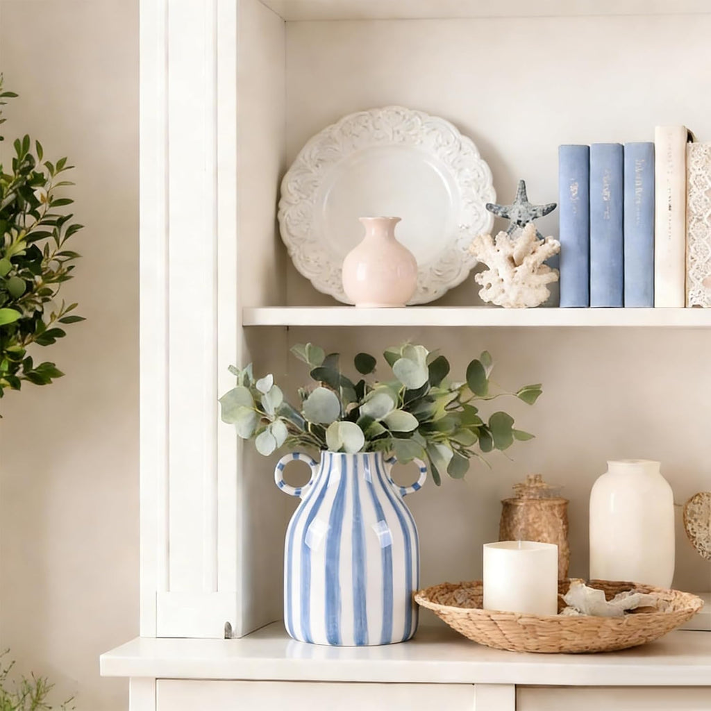 Blue and White Ceramic Vase with Handle, Nordic Boho Small Vases Side Table Flower Centerpiece, Wide Mouth Single Flower Vase Pampas Grass Decorative - for Home Window Sill Living Dining Room Kitchen