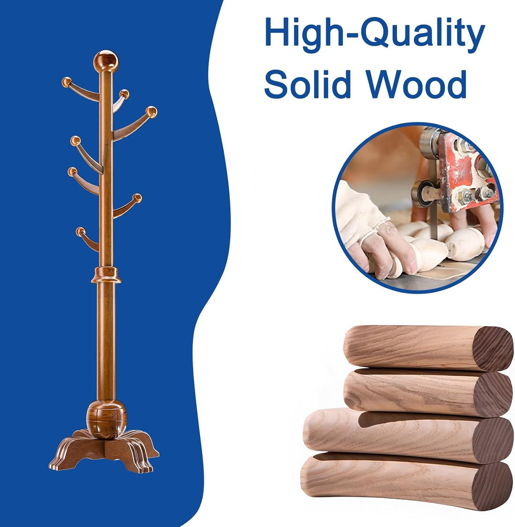 Solid Wood Coat Rack with 7 Rounded Hooks for Hanging, Tree Stand Coat Rack on Feet, Tree Shaped with 6 cm Thickened Main Pole, for Coats, Hats