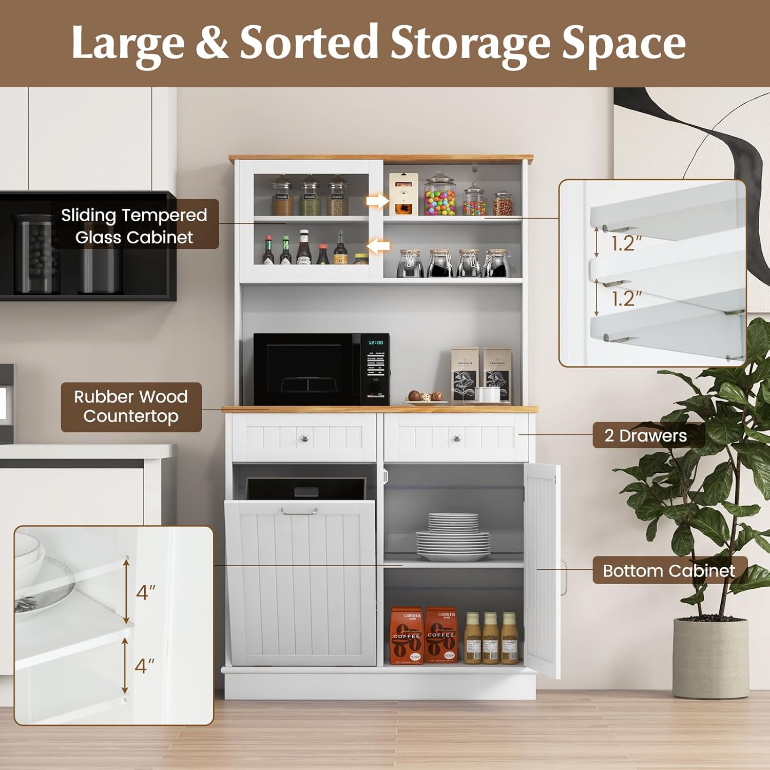 LOKO 68” Tall Kitchen Pantry Cabinet, Wood Sideboard Cupboard with Microwave Countertop, Sliding Glass Door, Freestanding Buffet Hutch with Trash Can Storage, for Home Coffee Bar, White & Natural