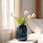 Relexome Blue Glass Flower Vase for Centerpieces Flowers 6.7 Inch Round Modern Glass Bud Vase Decorative Vases for Home Decor, Living Room, Dining Table, Entryway, Shelf, Office