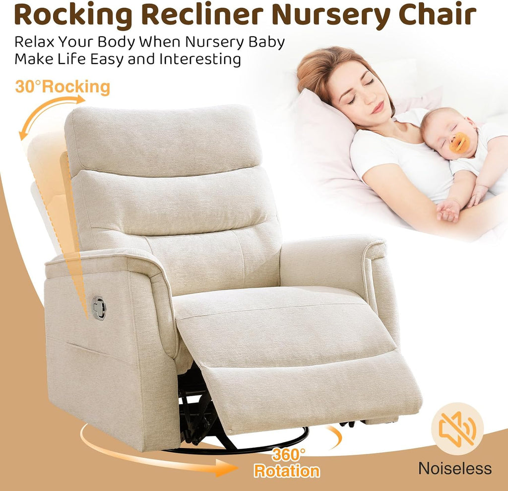 Oversized Swivel Rocker Recliner, 26'' Extra Wide Rocking Recliner Nursery Chair, Manual Swivel Recliner for Nursery, Reclining Rocking Chairs for Living Room, Chenille Beige