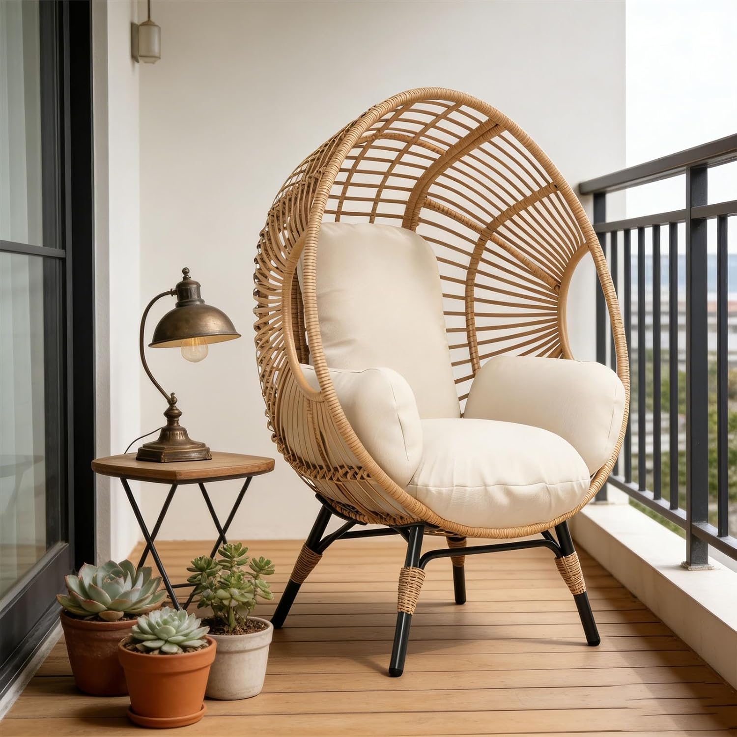 Outdoor Egg Chair Wicker, 8-Inch Deep Comfort Cushion, 400lbs Capacity, Ergonomic Balcony Chairs Indoor(Natural)