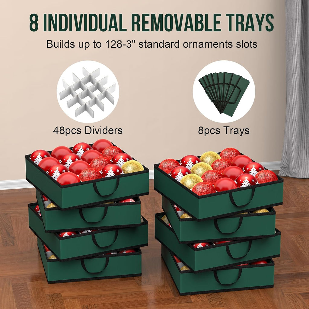 Christmas Ornament Storage Box Store 128-3" Ornaments, Ornament Organizer Storage box with Dual Zipper Closure Visual Cover & Adjustable Dividers, Holiday Decorations Storage Container with 8 Trays