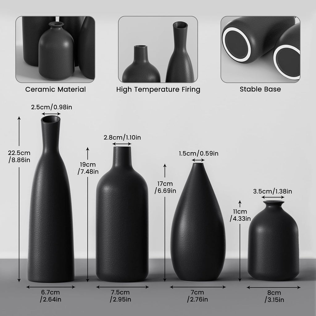 Black Ceramic Vase Set of 4,Modern Minimalist Vase Decor for Bookshelf,Dining Room Coffee Console Table Centerpieces