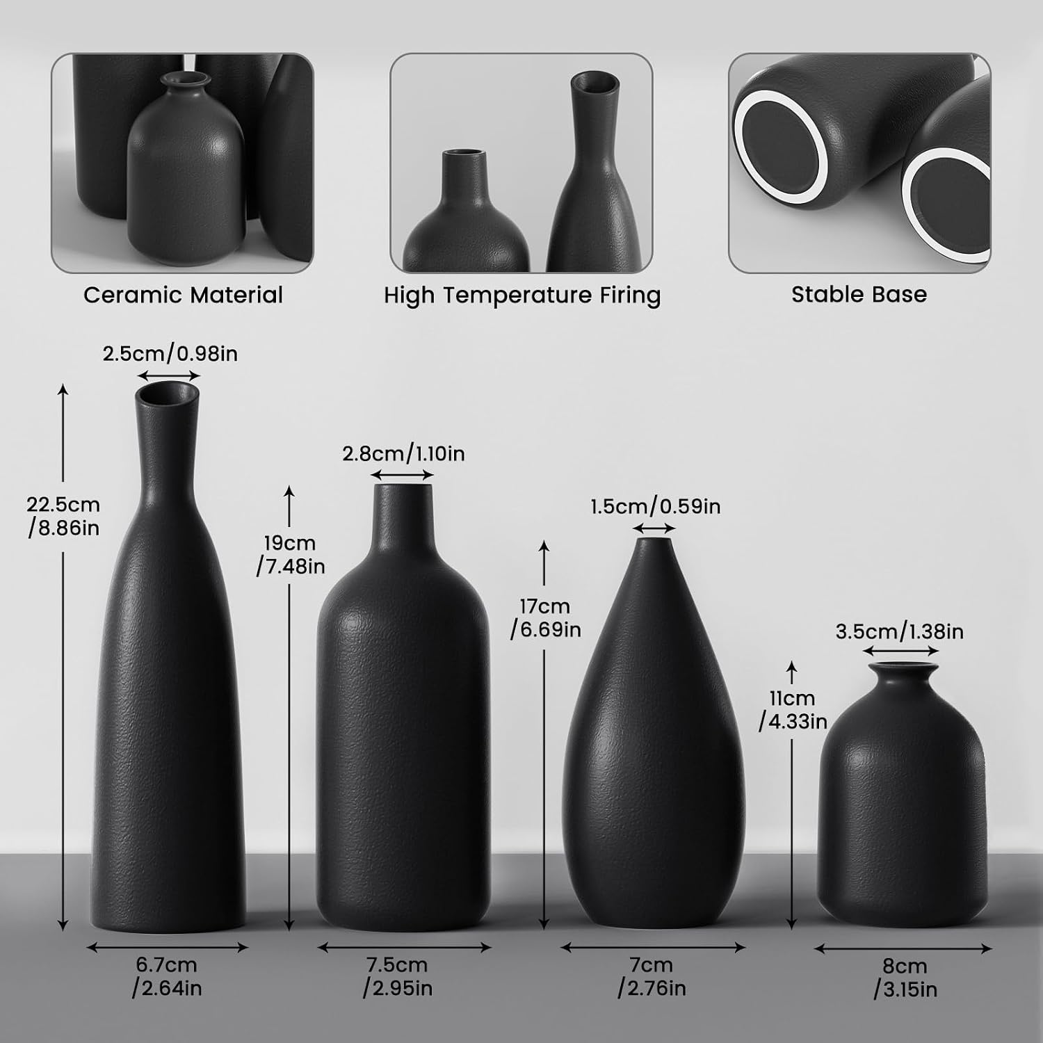 Black Ceramic Vase Set of 4,Modern Minimalist Vase Decor for Bookshelf,Dining Room Coffee Console Table Centerpieces