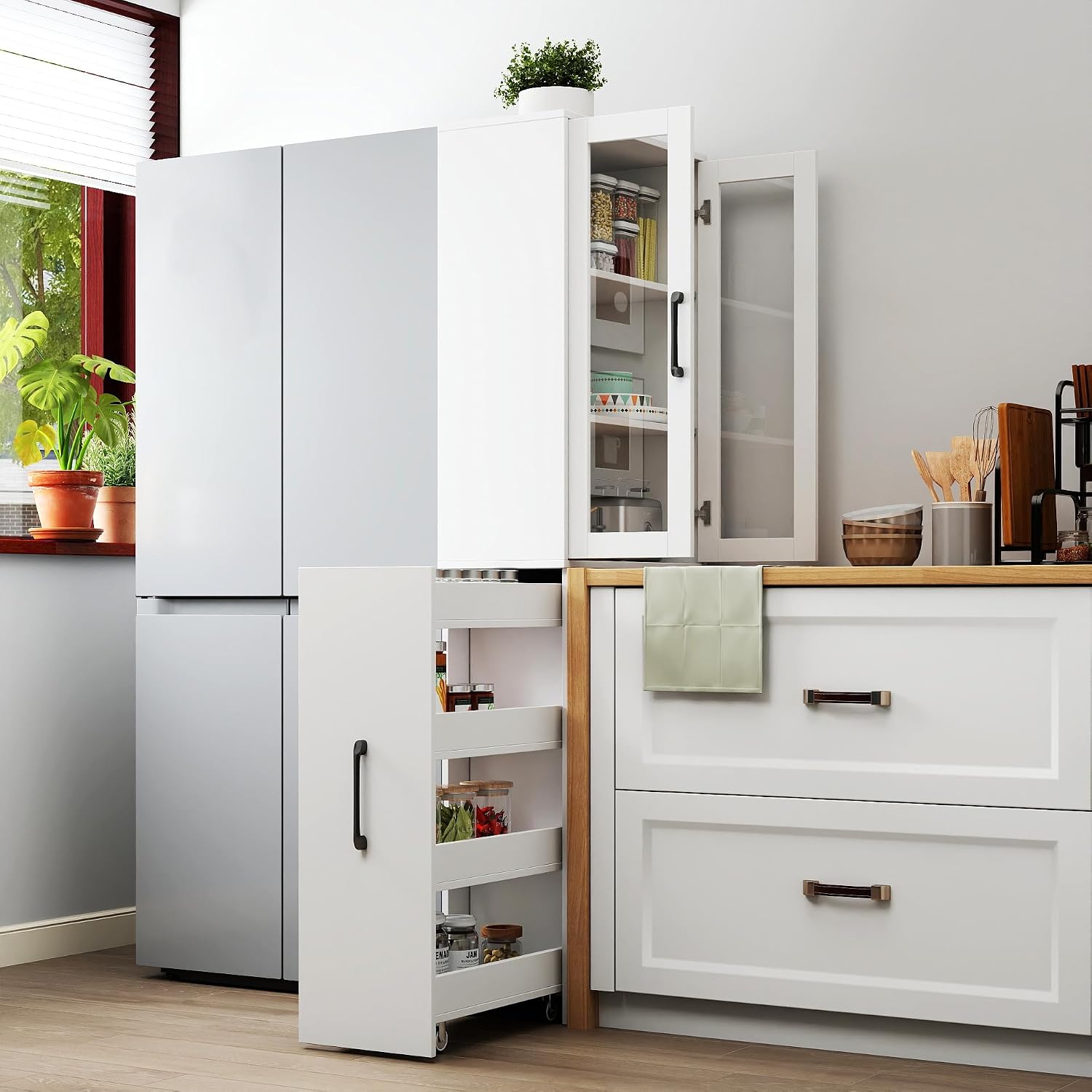 70.87" H Slim Display Storage Cabinet with 4 Tier Multi-Functional Pull-Out Shelves, Narrow Bookcase with 2 Glass Doors, Space Saving Storage Organizer for Kitchen Living Room Bathroom, White