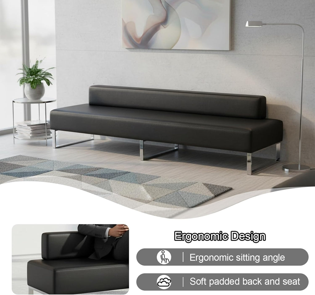 Modern Waiting Room Bench with Backrest Upholstered Office Guest Chair Metal Frame Reception Seating for Lobby Salon Airport Bank and Conference Room Black Frame 17" Dx47 Wx17 H
