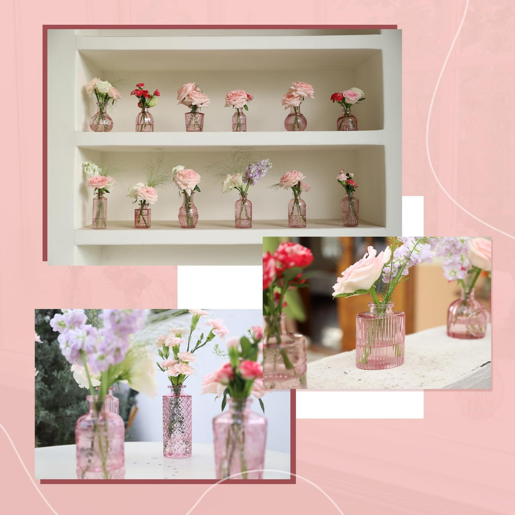 Pink Glass Bud Vase Set of 22, Small Vases for Flowers, Clear Glass Vases for Centerpieces, Mini Bud Vases in Bulk Rustic Wedding Decorations, Centerpieces, Vintage Look Home Table Flower Decor