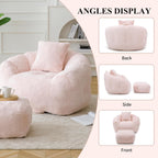 Bean Bag Chair for Adults, Faux Fur Upholstered Beanbag Chair with Shell-Shaped Design, Comfy Bean Bag Sofa with Pillow and Footstool, Floor Sofa Chair for Bedroom (Pink)
