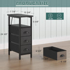 shtmec Narrow End Table Set of 2 with Charging Station, LED Side Tables Set 2 with Fabric Drawers, Small Bedside Tables Nightstands for Small Space, Slim Sofa Couch Table for Livingroom,Black