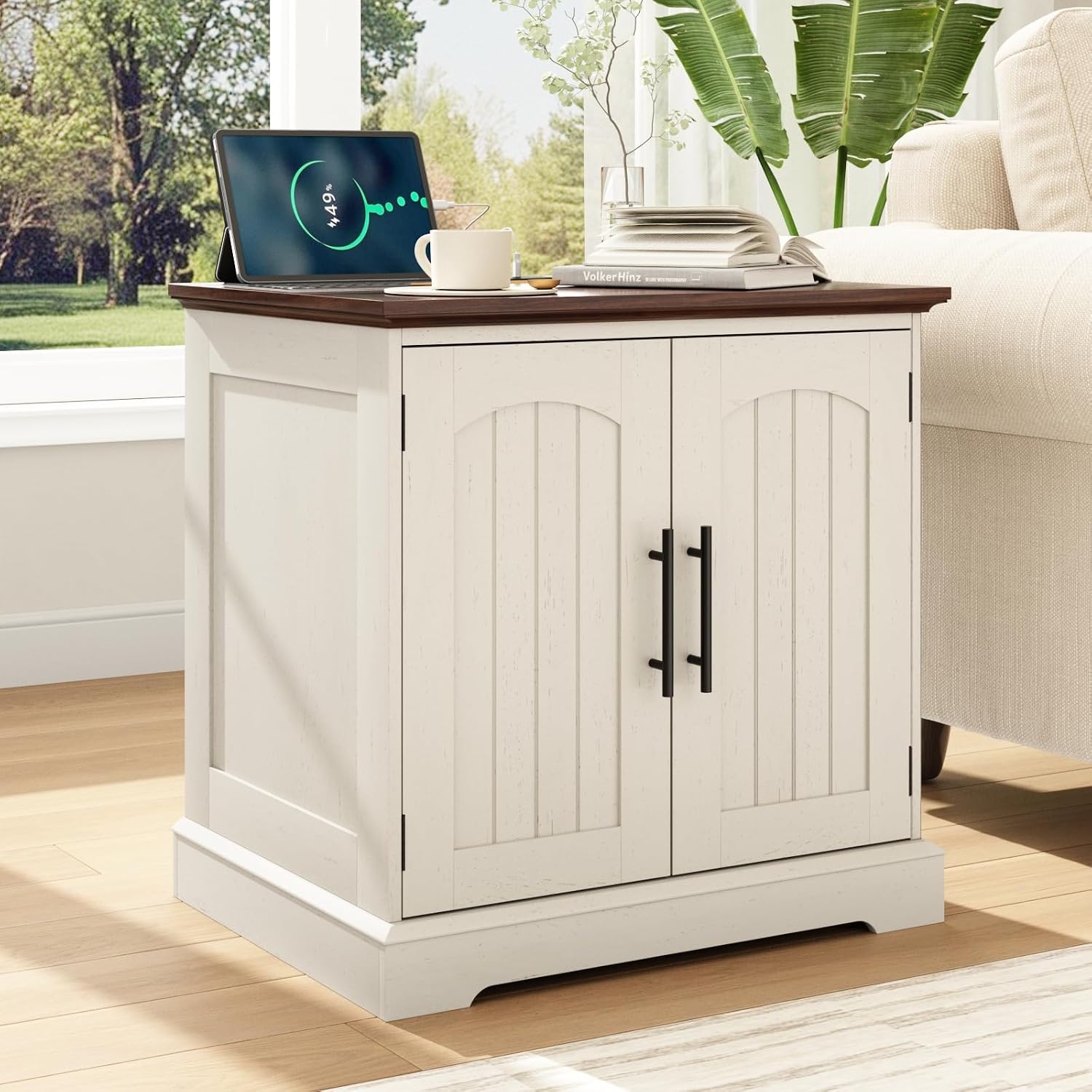 HOKYHOKY Rustic End Table with Charging Station, 24" Large Sofa Side Table with 2 Arched Doors, Farmhouse Wood Square Nightstand Bedside Tables with Adjustable Storage Shelf for Living Room, Bedroom