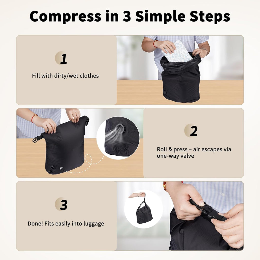 Travel Laundry Bag, Compression Bags for Travel - Waterproof Dirty Clothes Vacuum Storage, Smell Proof Space Saver for Cruise Gym Camping (M)