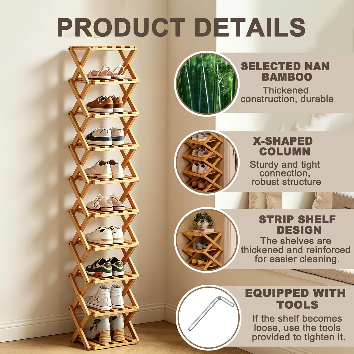 10 Tier Bamboo Shoe Rack, Foldable 10 Tier Bamboo Corner Shoe Rack,Small Shoe Rack for Hallways, Bedrooms, and Compact Spaces