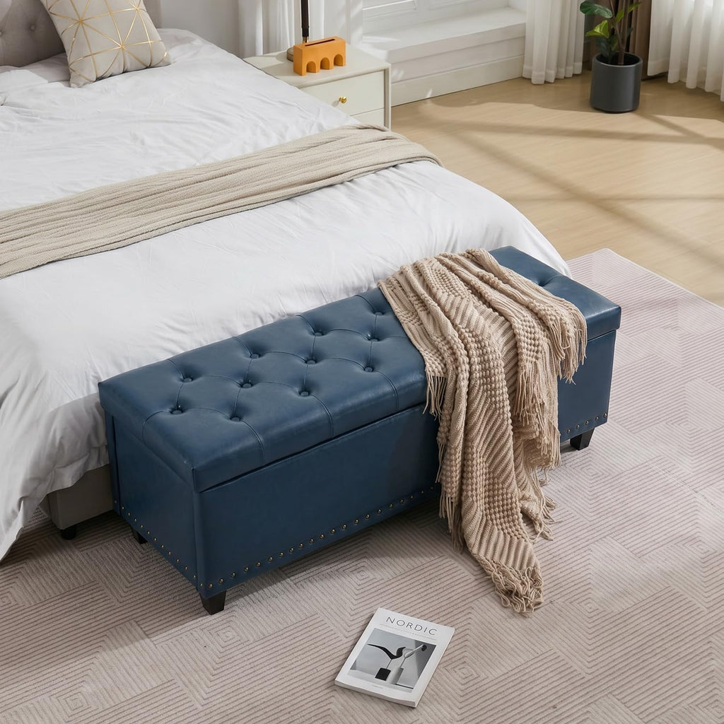 Tbfit 50.8" Large Storage Ottoman Bench with Button-Tufted Top, Blue PU Faux Leather End of Bed Chest with Safety Hinge and Rivets for Bedroom, Living Room (Blue PU)
