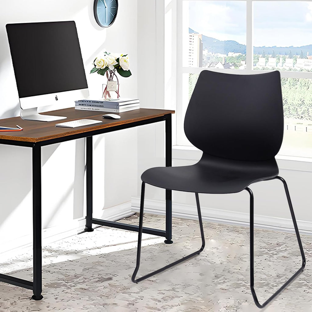 KLASIKA Stackable Waiting Room Chair, Stacking Office Chair with Ergonomic Lumbar Support and Metal Legs, Plastic Desk Chairs for Conference School Church Guest Reception Set of 12, Black